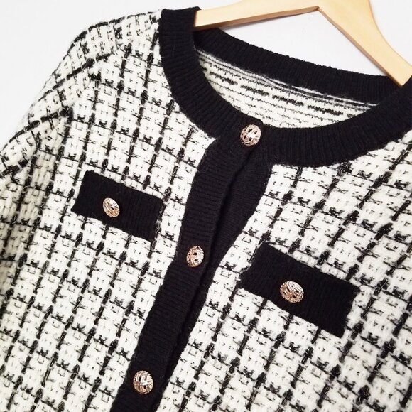 Oversized Tweed Textured Knit Cardigan Jacket Sweater OS Chunky Knit Pockets - Picture 5 of 16